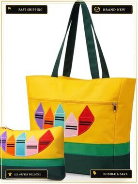 Teacher Tote Bag and Makeup Bag Set, Twill Composite Nylon Crayon Design, Back